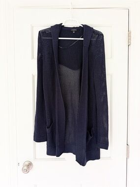 TALBOTS open mesh knit cardigan size L blue pockets hood